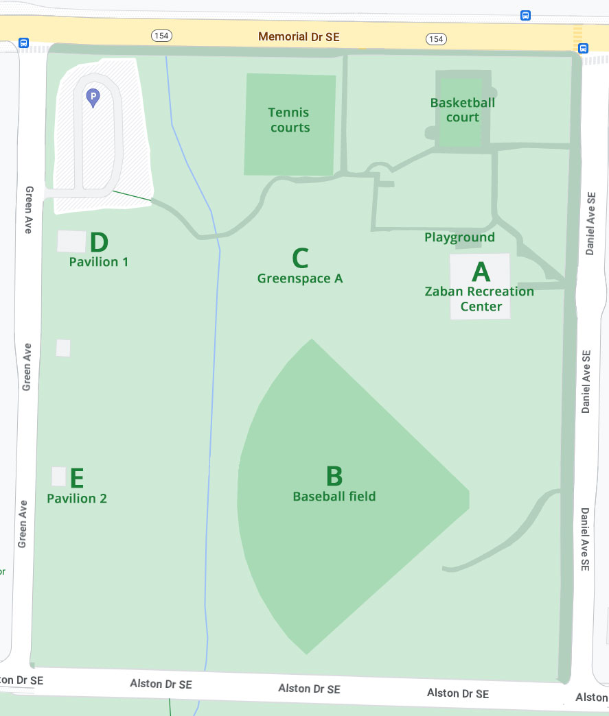 Map of East Lake Park with use areas labeled.